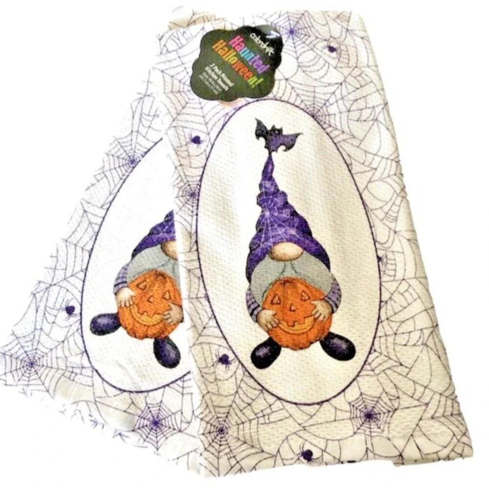 Halloween Kitchen Dish Towels Gnome Pumpkin Spider Web 100% Cotton Set of 2